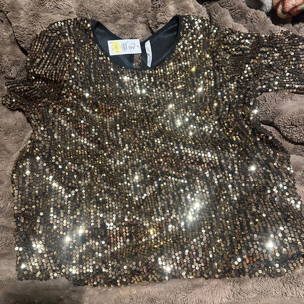 NY Collection Gold Sequin Black Blouse - Picture 1 of 7